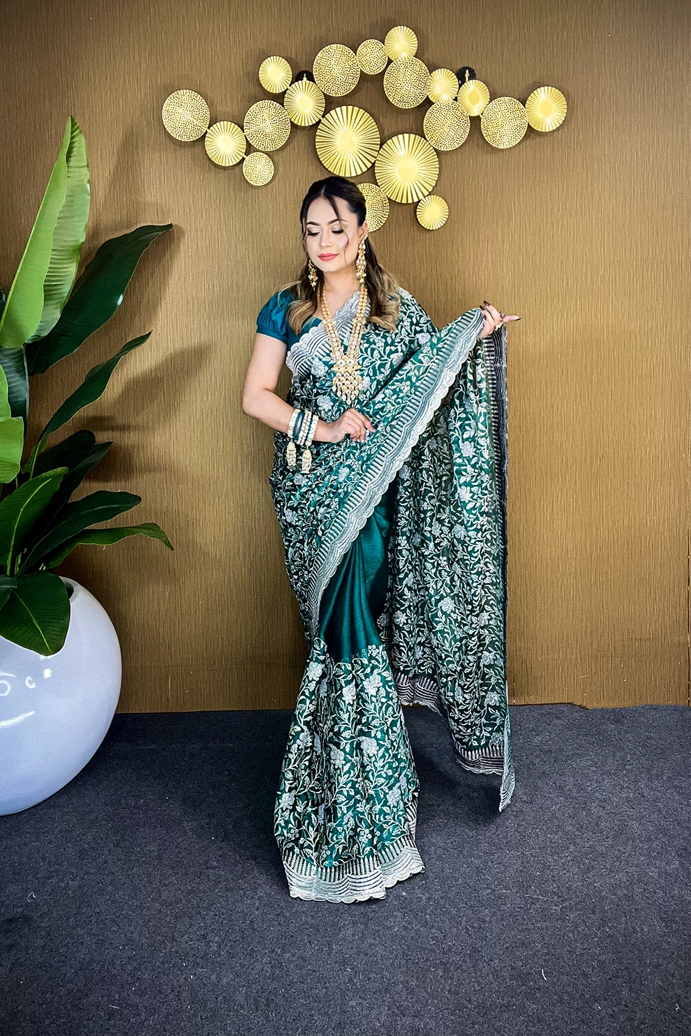 Forest Green Silver Grace – Premium High Grade Stone Saree ✨